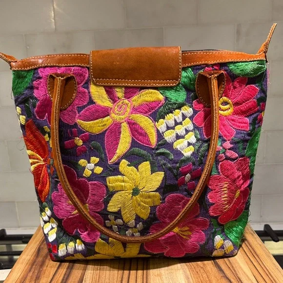 Fresco Fabrics Colorful Floral Embroidered Tote Bag - Picture 5 of 11